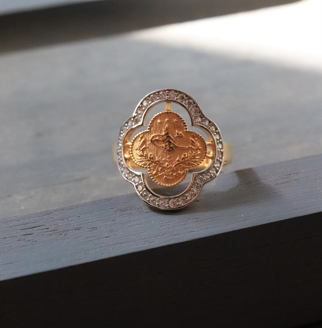 21K Two-Tone Gold Vintage Style Clover with CZ Ring