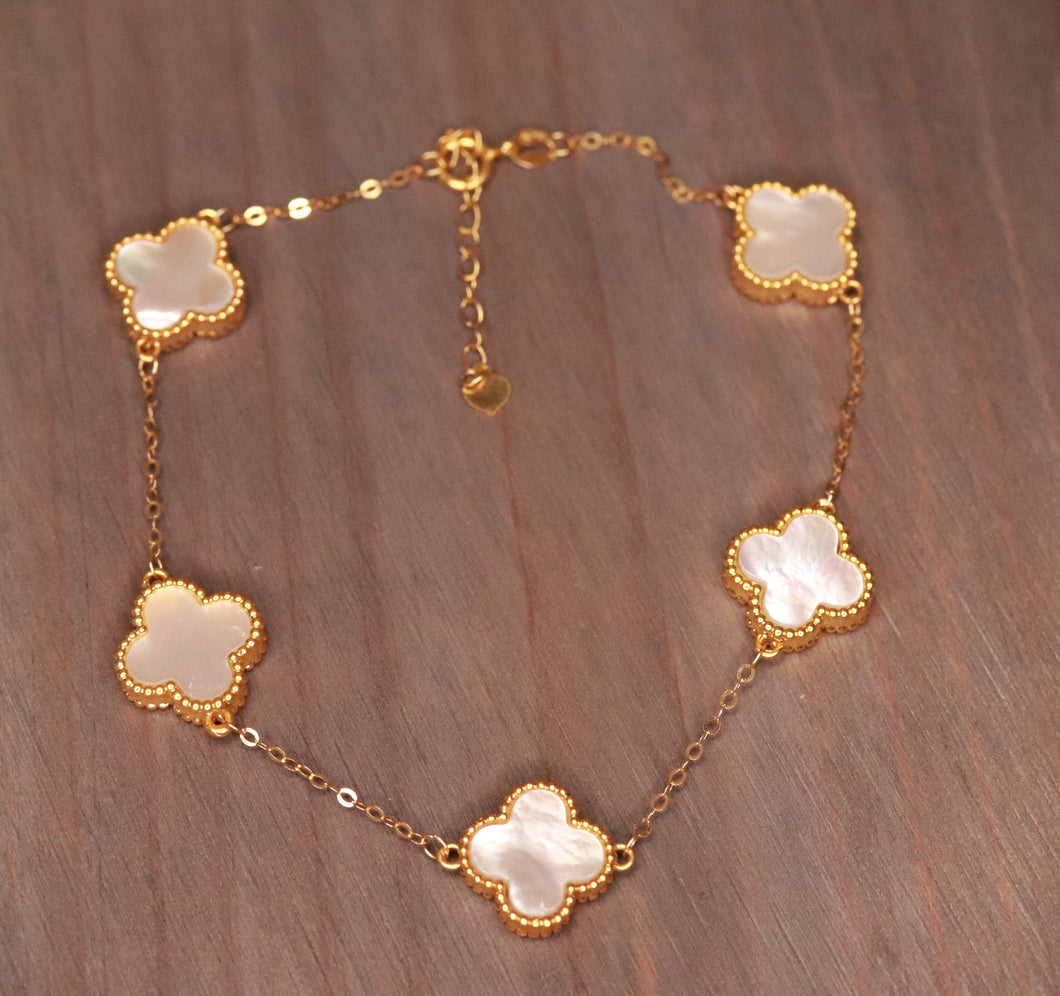 18K Yellow Gold Mother of Pearl White Clover Charm Bracelet